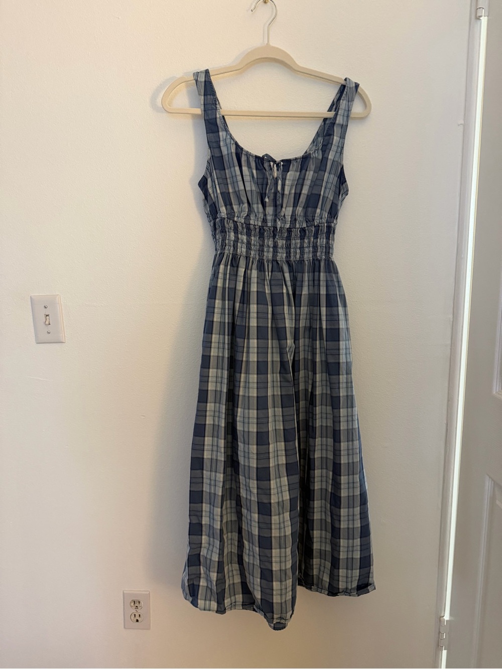GAP Blue Plaid Midi Dress with Smocked Waist and Tie